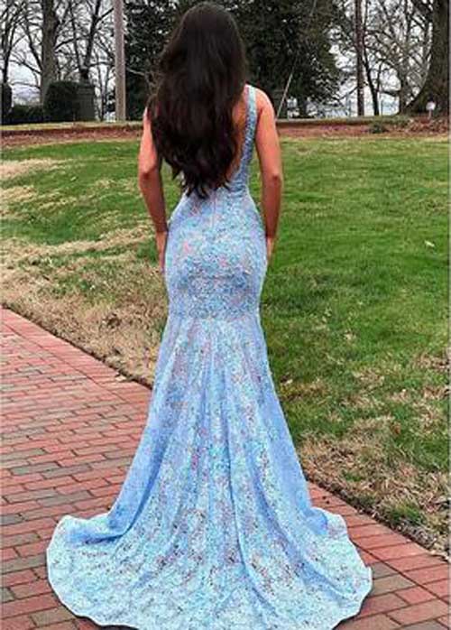 Vestidos de fiesta elegantes de sirena con escote en V y espalda abierta con encaje